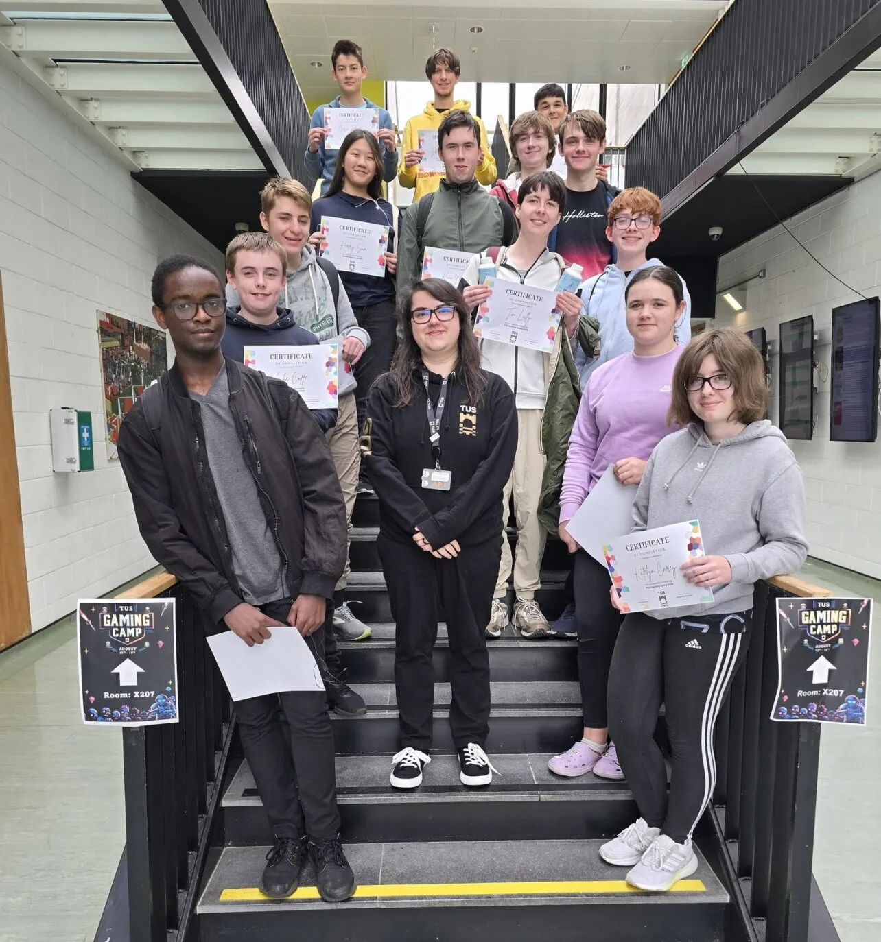 TUS Athlone PhD student Samantha O'Sullivan is pictured with students from local secondary schools at the TUS Gaming Camp.