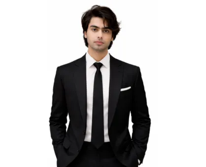 A young man with dark, wavy hair and a light complexion stands facing the camera with a neutral expression. He is wearing a formal black suit, a white dress shirt, and a black tie. A white pocket square is visible in his left breast pocket. His hands are in his pockets. The background is plain white.