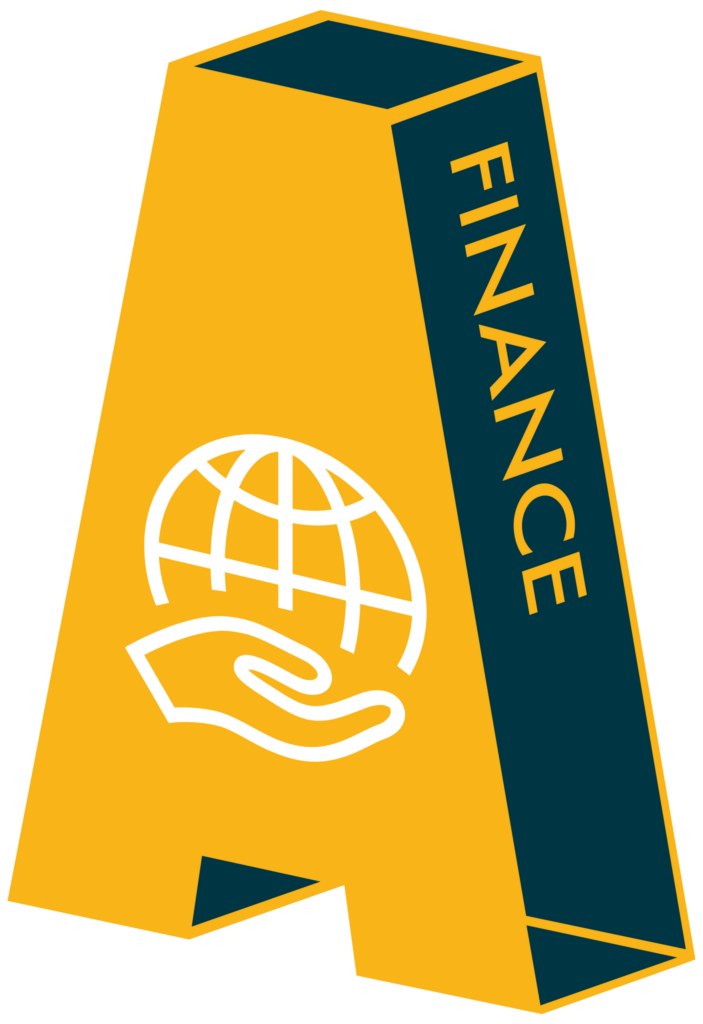 A stylized, three-dimensional letter "A" rendered in gold and dark blue, set against a black background. The front face of the "A" is gold and features a white outline icon of a hand holding a globe. The right side of the "A" is dark blue and has the word "FINANCE" written vertically in gold capital letters.
