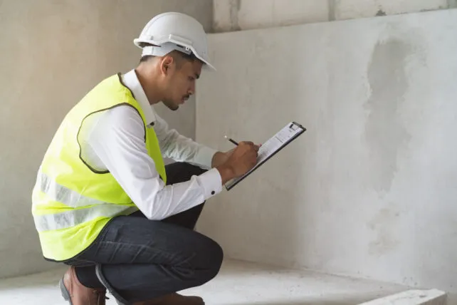 Builder inspection consultancy. Inspector checking material and